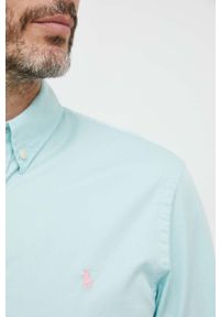 Polo Ralph Lauren koszula bawełniana męska kolor turkusowy slim z kołnierzykiem button-down. Okazja: na co dzień. Typ kołnierza: button down, polo. Kolor: turkusowy. Materiał: bawełna. Wzór: aplikacja. Styl: casual #4