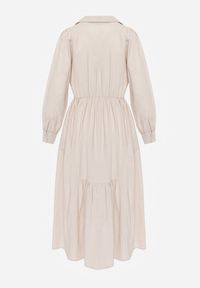 Renee - Beżowa Rozkloszowana Sukienka Koszulowa z Bawełny i Wiskozy Zdobiona Klapami Gleta. Okazja: na co dzień. Kolor: beżowy. Materiał: wiskoza, bawełna. Wzór: aplikacja. Typ sukienki: koszulowe. Styl: casual, elegancki #8