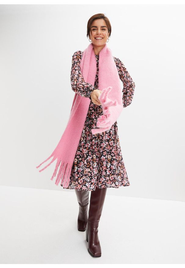 bonprix - Sukienka szyfonowa. Kolor: czarny. Materiał: szyfon. Wzór: nadruk, kwiaty