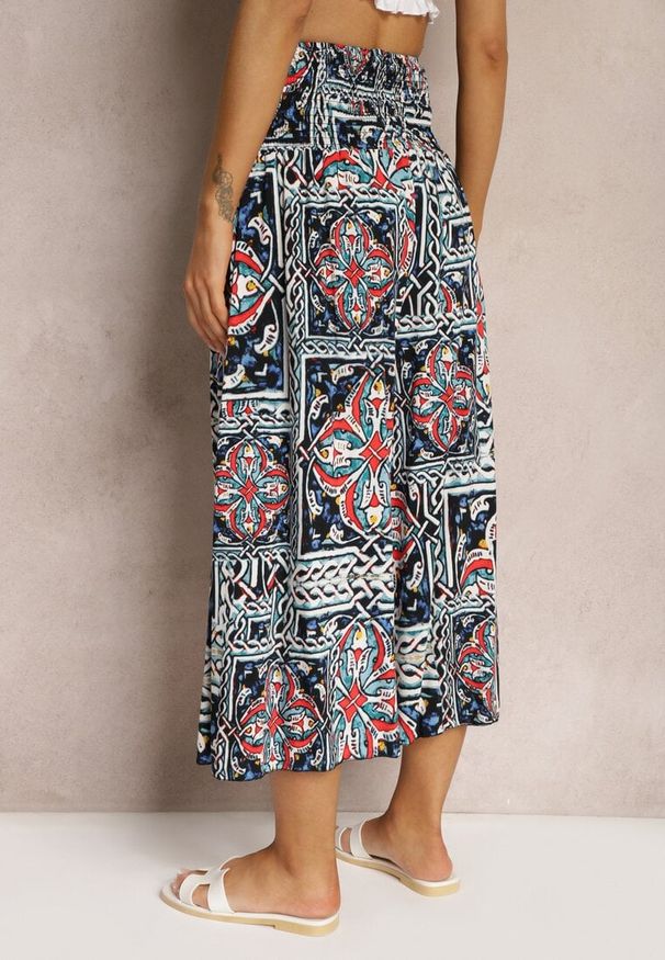 Renee - Granatowe Spodnie Kuloty z Bawełny High Waist z Gumką w Pasie Palovia. Stan: podwyższony. Kolor: niebieski. Materiał: bawełna. Sezon: lato