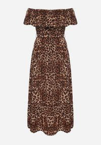 Born2be - Brązowa Sukienka Hiszpanka w Panterkę o Rozkloszowanym Kroju z Gumką w Talii Giterta. Okazja: na co dzień. Typ kołnierza: dekolt hiszpanka. Kolor: brązowy. Wzór: motyw zwierzęcy. Typ sukienki: rozkloszowane. Styl: casual, elegancki #5