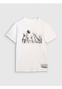 4f - 4F T-shirt regular z nadrukiem siatkarskim męski - biały S. Okazja: na co dzień, do domu. Kolor: biały. Materiał: bawełna, jersey, materiał. Wzór: nadruk. Styl: sportowy, klasyczny, casual