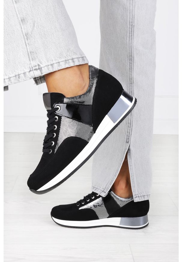 Kati - Czarne sneakersy kati buty sportowe sznurowane polska skóra 7003/9. Kolor: czarny. Materiał: skóra