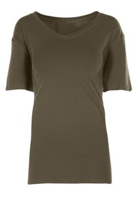 Born2be - Ciemnozielony T-shirt Mayarinia. Okazja: na co dzień. Kolor: zielony, brązowy. Materiał: jeans, bawełna, dzianina. Długość rękawa: krótki rękaw. Długość: krótkie. Wzór: jednolity, gładki. Styl: casual, klasyczny, sportowy #3