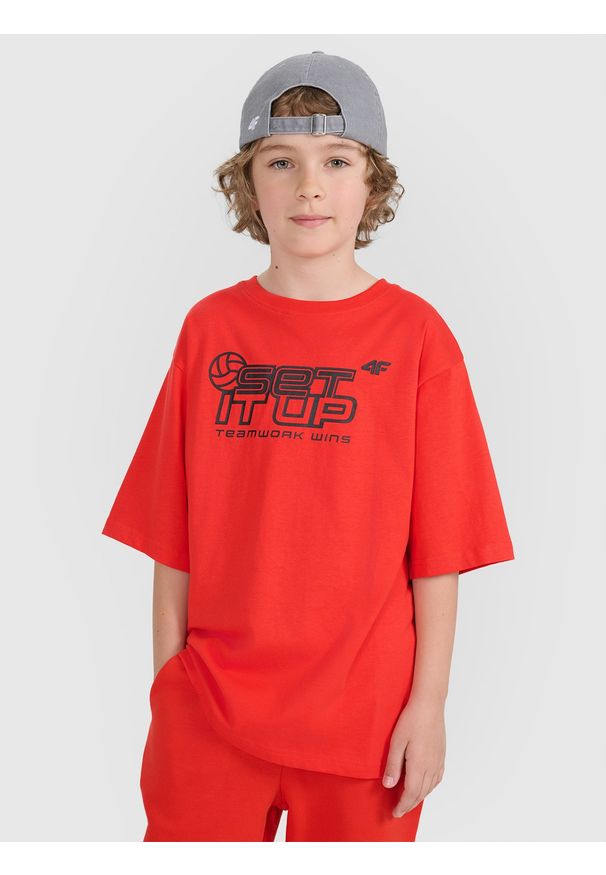 4f - 4F T-shirt oversize z nadrukiem dziecięcy - czerwony 158/164 (12-14 lat). Okazja: na co dzień. Kolor: czerwony. Materiał: jersey, tkanina, materiał, bawełna. Wzór: nadruk. Sezon: lato. Styl: młodzieżowy, klasyczny, sportowy, casual