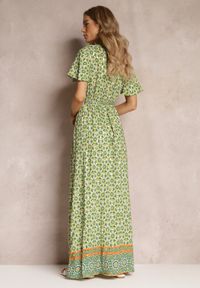 Renee - Zielona Sukienka Maxi z Paskiem i Gumką w Talii w Ornamentalny Wzór Calvim. Kolor: zielony. Długość: maxi #4