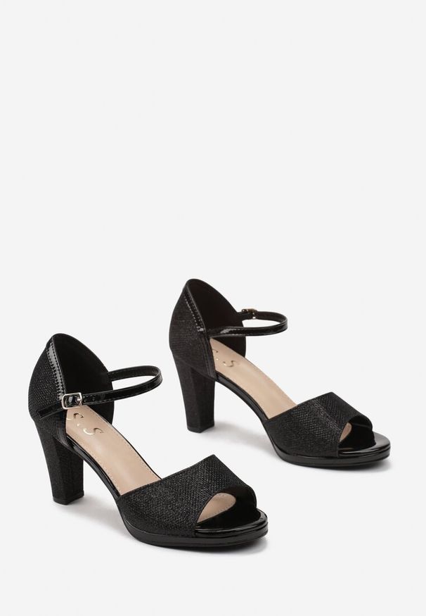 Born2be - Czarne Sandały na Słupku z Brokatem Talasa. Kolor: czarny. Obcas: na słupku. Styl: elegancki
