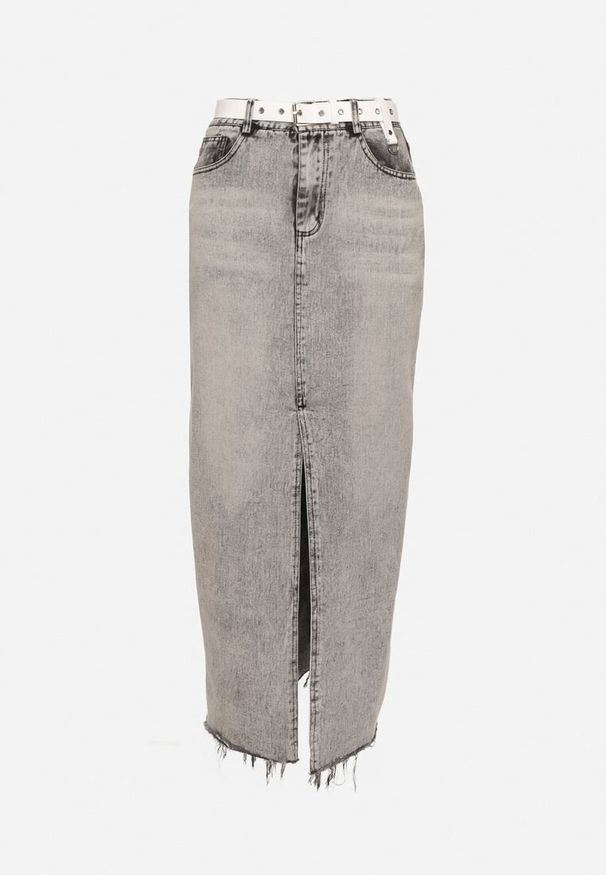 Born2be - Ciemnoszara Ołówkowa Spódnica Jeansowa z Rozcięciem z Przodu Limirea. Kolor: szary. Materiał: jeans. Sezon: lato. Styl: klasyczny