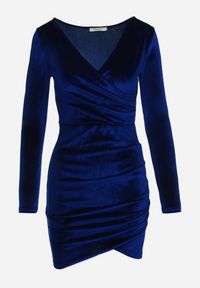 Born2be - Granatowa Kopertowa Sukienka Mini z Weluru z Marszczeniami i Trójkątnym Dekoltem Trillia. Typ kołnierza: dekolt kopertowy. Kolor: niebieski. Materiał: welur. Typ sukienki: kopertowe. Długość: mini #4