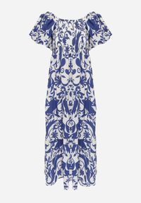 Born2be - Niebieska Rozkloszowana Sukienka z Wiskozy z Bufiastymi Rękawami w Roślinny Wzór Semea. Okazja: do pracy, na co dzień, na spotkanie biznesowe. Kolor: niebieski. Materiał: wiskoza. Sezon: lato. Typ sukienki: proste, rozkloszowane. Styl: biznesowy, casual. Długość: maxi #8