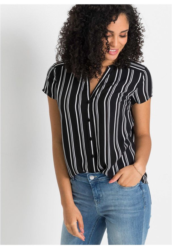 bonprix - Bluzka z krótkim rękawem z czystej wiskozy. Typ kołnierza: dekolt w serek. Kolor: czarny. Materiał: wiskoza. Długość rękawa: krótki rękaw. Długość: krótkie. Wzór: nadruk. Styl: elegancki