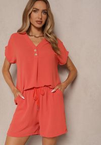 Renee - Pomarańczowy Komplet z Wiskozą T-shirt z Ozdobnymi Guzikami i Szorty Niterela. Kolor: pomarańczowy. Materiał: wiskoza