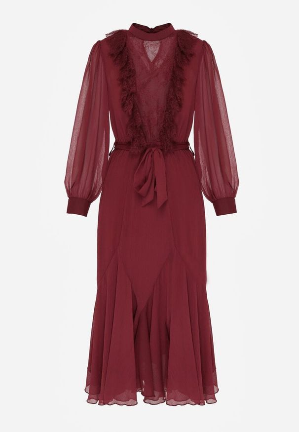 Born2be - Bordowa Elegancka Sukienka z Bufiastymi Rękawami i Koronkowymi Falbankami Sewlina. Okazja: na co dzień, do pracy. Typ kołnierza: kołnierz z falbankami. Kolor: czerwony. Materiał: koronka. Styl: elegancki