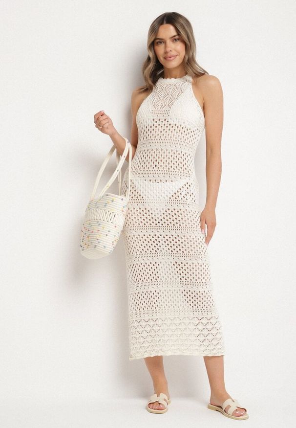 Born2be - Beżowa Sukienka o Taliowanym Kroju z Ażurowej Dzianiny Tiamisse. Kolor: beżowy. Materiał: dzianina. Wzór: ażurowy. Sezon: lato. Typ sukienki: oversize. Styl: elegancki
