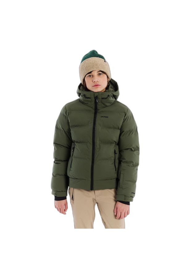 Kurtka z kapturem dla dziewczynki Protest Eliny. Typ kołnierza: kaptur. Kolor: zielony. Materiał: puch. Sezon: zima. Sport: narciarstwo