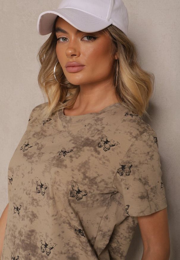 Renee - Ciemnobeżowy T-shirt z Bawełny z Motylkami Tenelesa. Okazja: na co dzień. Kolor: beżowy. Materiał: bawełna. Sezon: wiosna. Styl: klasyczny, elegancki, casual