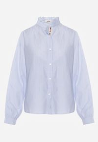 Renee - Niebieska Koszula z Bawełną Zdobiona Haftem i Stójką z Falbanką Linivia. Typ kołnierza: kołnierzyk stójkowy. Kolor: niebieski. Materiał: bawełna. Wzór: aplikacja, haft. Styl: boho #5