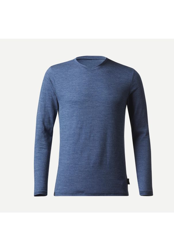 FORCLAZ - Koszulka trekkingowa z długim rękawem męska Forclaz Travel 100 Merino. Kolor: niebieski. Materiał: wełna, akryl, materiał. Długość rękawa: długi rękaw. Długość: długie. Sport: turystyka piesza