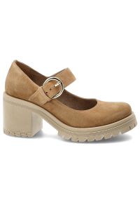 Półbuty damskie Armodo, cholewka ze skóry naturalnej zamszowej pasek z regulacją na metalową klamrę zabudowany przód na wysokim obcasie, brązowe, 201. Zapięcie: klamry. Kolor: brązowy. Materiał: skóra, zamsz. Szerokość cholewki: normalna. Obcas: na obcasie. Wysokość obcasa: wysoki #3