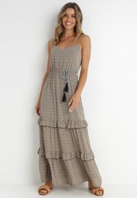 Born2be - Ciemnozielona Sukienka Darcy. Okazja: na co dzień. Typ kołnierza: kołnierz z falbankami. Kolor: zielony. Długość rękawa: na ramiączkach. Wzór: aplikacja. Sezon: lato. Styl: casual. Długość: maxi #6