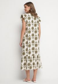 Born2be - Biało-Zielona Kwiatowa Sukienka z Bawełną i Falbanką Efanelia. Okazja: na spacer, na imprezę. Typ kołnierza: dekolt w serek. Kolor: beżowy. Materiał: bawełna. Wzór: kwiaty. Sezon: wiosna, lato. Typ sukienki: proste. Styl: elegancki #5