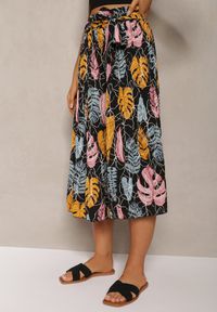 Renee - Czarno-Pomarańczowe Spodnie Szwedy z Bawełną High Waist Wykończone Gumką w Talii Pasefia. Okazja: na co dzień, do pracy. Stan: podwyższony. Kolor: czarny. Materiał: bawełna. Styl: elegancki, casual #4