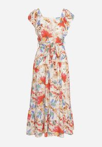 Born2be - Beżowo-Różowa Wiskozowa Sukienka w Kwiaty na Ramiączkach z Falbanką i Materiałowym Paskiem Moemia. Okazja: na wesele, na co dzień, na ślub cywilny, na imprezę. Typ kołnierza: kołnierz z falbankami, dekolt kwadratowy. Kolor: beżowy. Materiał: wiskoza, materiał. Długość rękawa: na ramiączkach. Wzór: kwiaty. Styl: casual, elegancki #5