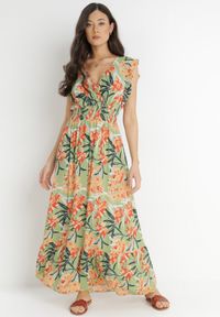 Born2be - Zielona Sukienka z Wiskozy Yenek. Kolor: zielony. Materiał: wiskoza. Długość rękawa: krótki rękaw. Wzór: aplikacja, nadruk. Typ sukienki: kopertowe, rozkloszowane. Styl: wizytowy, elegancki. Długość: maxi #5