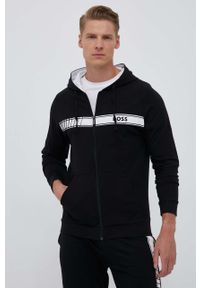 BOSS bluza bawełniana męska kolor czarny z kapturem z nadrukiem. Typ kołnierza: kaptur. Kolor: czarny. Materiał: bawełna. Długość rękawa: raglanowy rękaw. Wzór: nadruk #1