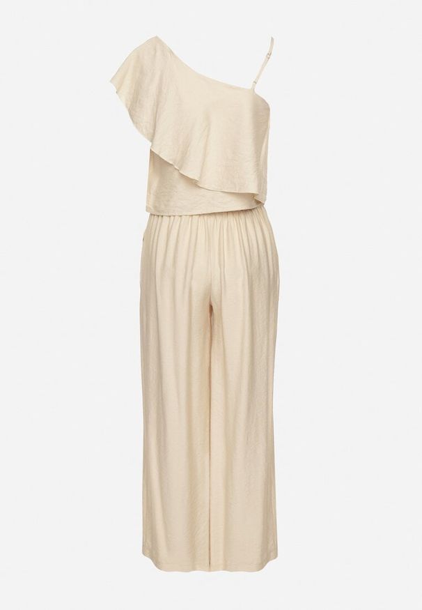 Born2be - Beżowy Komplet z Wiskozą Asymetryczny Top z Falbanką i Szerokie Spodnie Niraleine. Kolor: beżowy. Materiał: wiskoza. Wzór: aplikacja