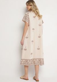 Born2be - Beżowa Pudełkowa Sukienka z Wiskozą o Koszulowym Kroju Zdobiona Haftem Sanori. Okazja: na co dzień. Kolor: beżowy. Materiał: wiskoza. Długość rękawa: krótki rękaw. Wzór: aplikacja, haft. Typ sukienki: koszulowe. Styl: casual, klasyczny #6