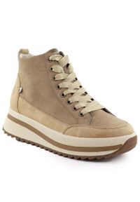 Skórzane botki damskie na platformie beżowe Rieker W3871-60. Kolor: beżowy. Materiał: skóra. Obcas: na platformie #1