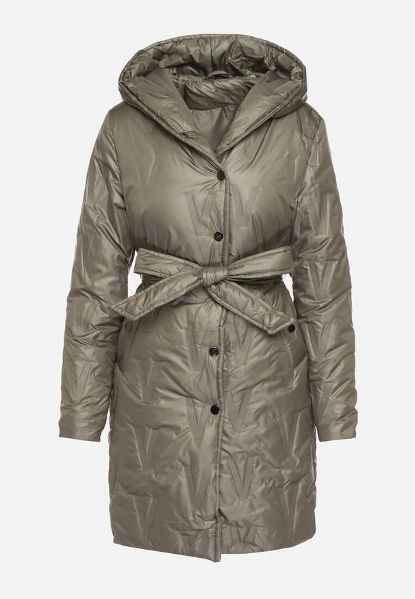 Born2be - Zielona Kurtka z Pikowanymi Przeszyciami Kapturem i Wiązanym Paskiem Erlexie. Okazja: na spacer, do pracy, na co dzień, na spotkanie biznesowe. Kolor: zielony. Materiał: jeans, dzianina. Styl: casual, klasyczny, biznesowy