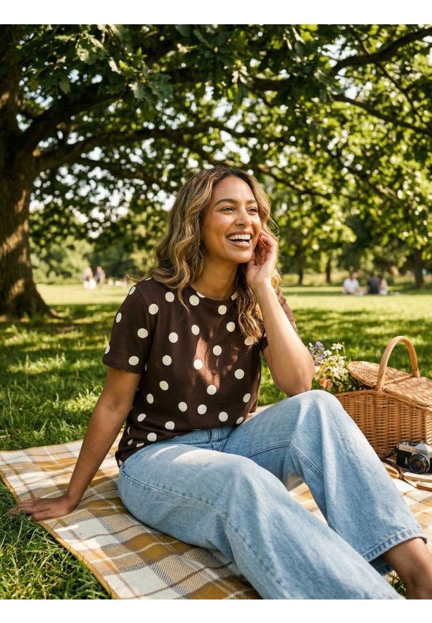 Sinsay - Bawełniana koszulka w kropki - brązowy. Kolor: brązowy. Materiał: bawełna. Wzór: kropki