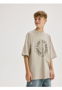 Reserved - Bawełniany t-shirt - beżowy. Kolor: beżowy. Materiał: bawełna