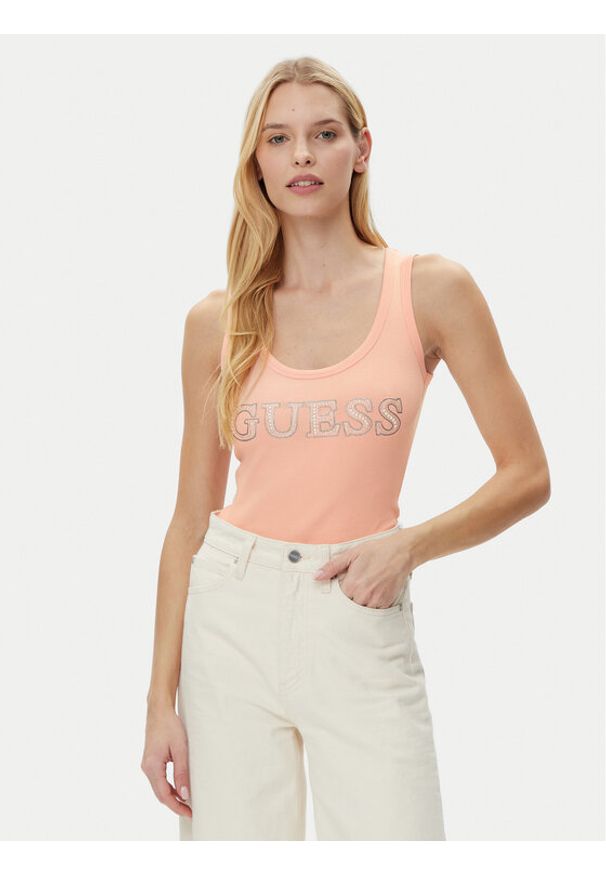 Guess Top W5GP29 KA0H1 Beżowy Regular Fit. Kolor: beżowy. Materiał: bawełna