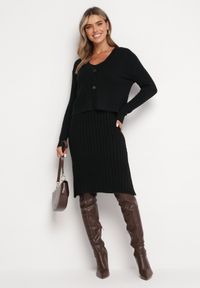 Born2be - Czarny Komplet z Prążkowanej Dzianiny z Kardiganem i Sukienką Elarisa. Kolor: czarny. Materiał: prążkowany, dzianina #2