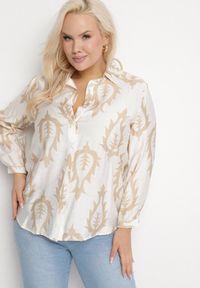 Born2be - Beżowa Koszula z Tkaniny z Wiskozą w Etniczny Wzór z Podpinanymi Rękawami Fommea. Okazja: na co dzień. Kolekcja: plus size. Kolor: beżowy. Materiał: wiskoza, tkanina. Styl: klasyczny, casual, elegancki