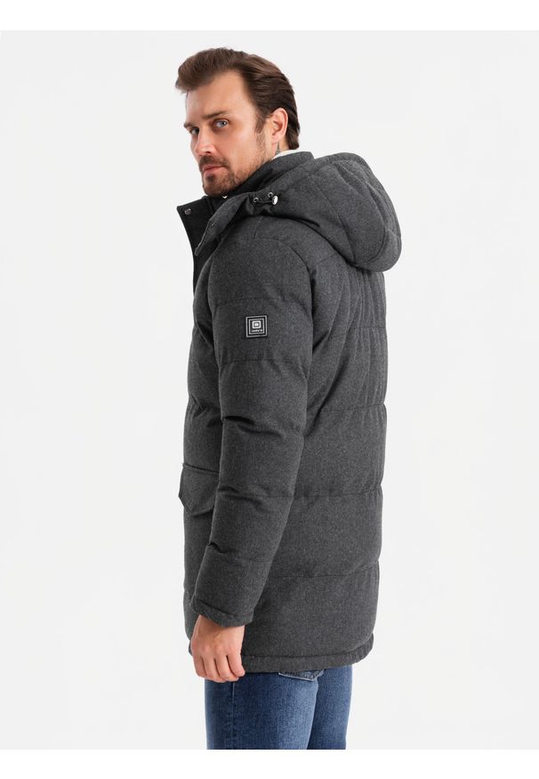 Ombre Clothing - Długa ciepła kurtka męska typu parka z wełną – czarny melanż V2 OM-JALJ-0217 - XXL. Kolor: czarny. Materiał: wełna. Długość: długie. Wzór: melanż