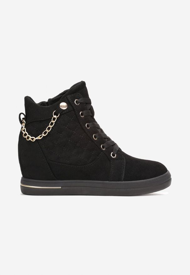 Born2be - Czarne Sneakersy na Ukrytym Koturnie z Łańcuchem Ellieo. Okazja: na co dzień. Kolor: czarny. Materiał: jeans. Obcas: na koturnie