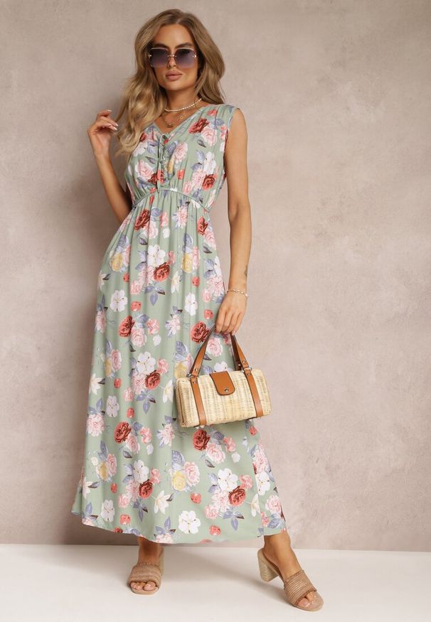 Renee - Jasnozielona Sukienka Maxi w Kwiaty z Gumką w Talii Kaleita. Kolor: zielony. Materiał: bawełna, tkanina. Długość rękawa: bez rękawów. Wzór: kwiaty. Sezon: lato. Długość: maxi