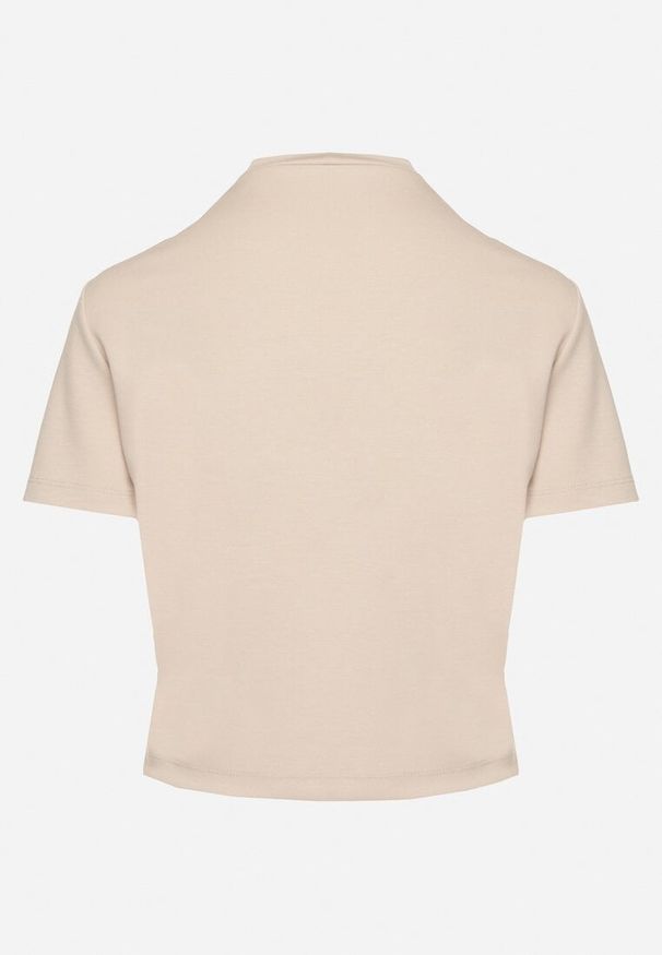 Born2be - Beżowy Klasyczny T-shirt o Krótkim Kroju z Wiskozą Folalisse. Okazja: na co dzień. Kolor: beżowy. Materiał: wiskoza. Długość: krótkie. Styl: klasyczny