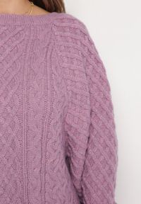Born2be - Fioletowy Sweter o Wydłużonym Fasonie z Modnym Splotem Ahexa. Kolor: fioletowy. Długość: długie. Wzór: ze splotem #5