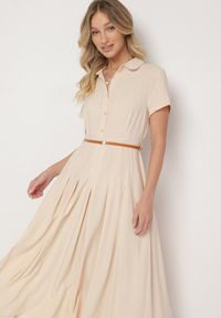 Born2be - Beżowa Wiskozowa Sukienka o Koszulowym Fasonie z Wąskim Paskiem Fillamea. Kolor: beżowy. Materiał: wiskoza. Wzór: aplikacja. Typ sukienki: koszulowe. Styl: elegancki #2