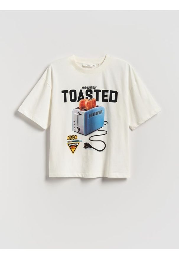 Reserved - Bawełniany t-shirt z nadrukiem - pastelowy róż. Kolor: różowy. Materiał: bawełna. Wzór: nadruk