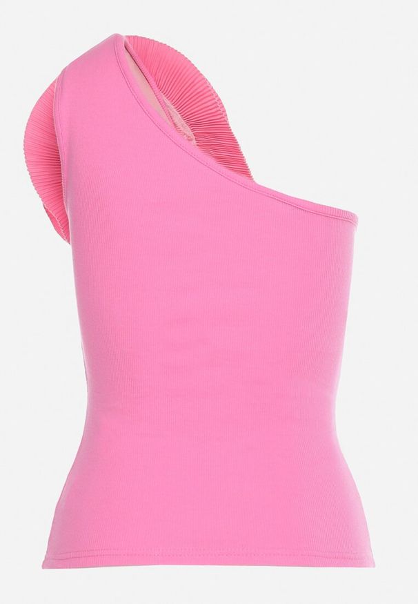 Born2be - Fuksjowa Asymetryczna Bluzka Top z Bawełny Ozdobiona Kwiatem 3D Ulsavia. Kolor: różowy. Materiał: bawełna. Wzór: aplikacja, kwiaty. Styl: elegancki, klasyczny