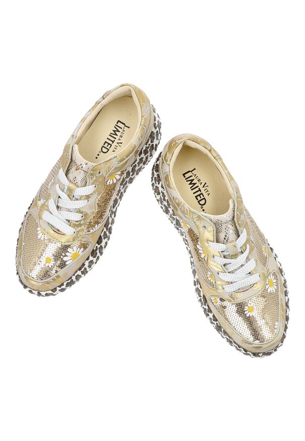 Złote Sneakersy Laura Vita Modne Obuwie Damskie Panterka. Zapięcie: sznurówki. Kolor: złoty. Materiał: skóra. Wzór: motyw zwierzęcy. Sezon: lato, wiosna. Styl: klasyczny, elegancki