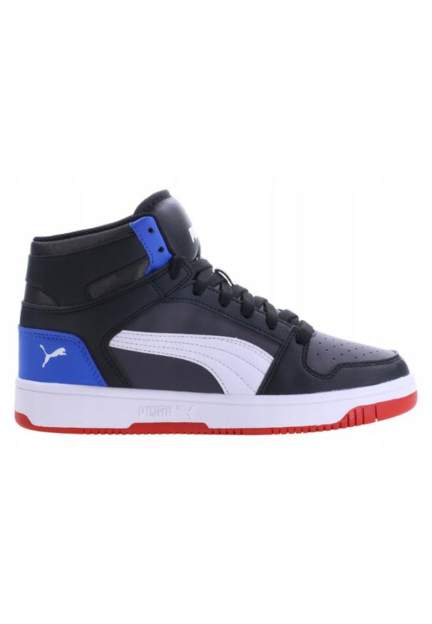 Buty na co dzień młodzieżowe Puma Rebound Layup Sl Jr. Okazja: na co dzień. Zapięcie: sznurówki. Kolor: czarny, wielokolorowy. Materiał: tkanina, materiał, syntetyk. Szerokość cholewki: normalna. Sport: turystyka piesza