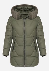 Born2be - Zielona Taliowana Kurtka z Pikowanymi Przeszyciami i Kapturem z Futrem Avileria. Okazja: na co dzień, na spacer. Kolekcja: plus size. Kolor: zielony. Materiał: futro. Styl: casual #6