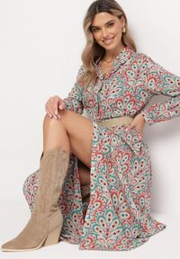 Born2be - Czerwono-Niebieska Sukienka z Guzikami i Plecionym Paskiem z Klamrą Aralty. Kolor: zielony. Długość rękawa: długi rękaw. Sezon: wiosna, lato. Typ sukienki: koszulowe #1